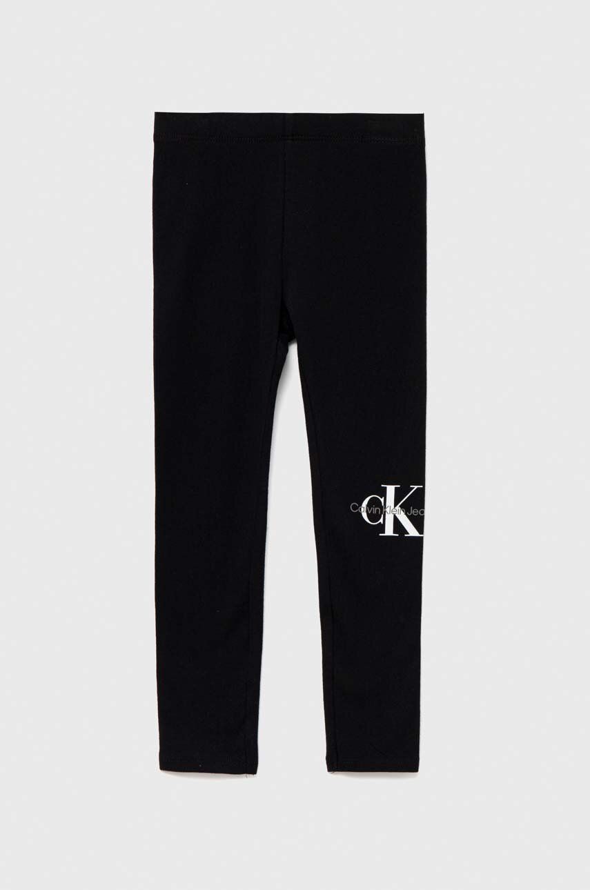 Levně Dětské legíny Calvin Klein Jeans černá barva, s potiskem