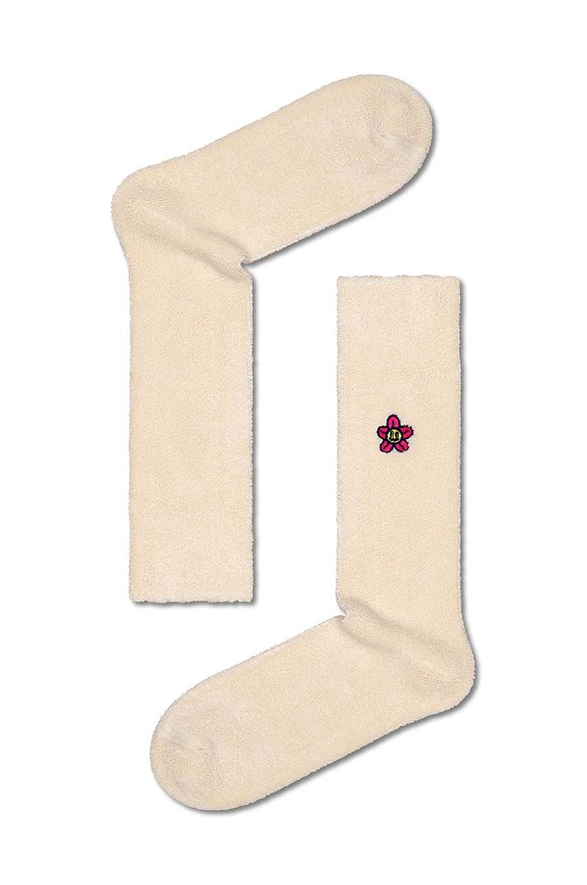 Levně Ponožky Happy Socks Embroidered Flower Crew Sock béžová barva