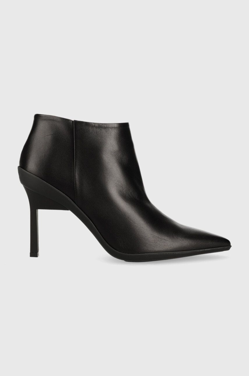 Levně Kožené kotníkové boty Calvin Klein WRAP STILETTO ANKLE dámské, černá barva, na podpatku, HW0HW01600
