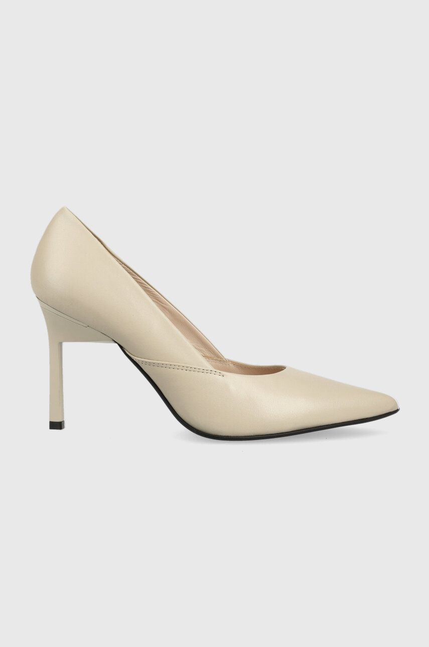 Levně Kožené lodičky Calvin Klein GEO STILETTO PUMP 90 béžová barva, HW0HW01769