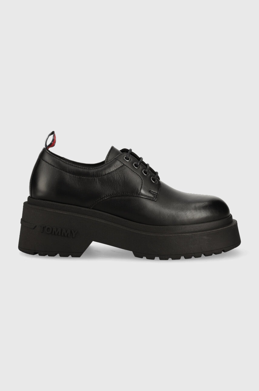 Tommy Jeans Pantofi De Piele Tjw Ava Lace Up Femei, Culoarea Negru, Cu Platforma, En0en02219