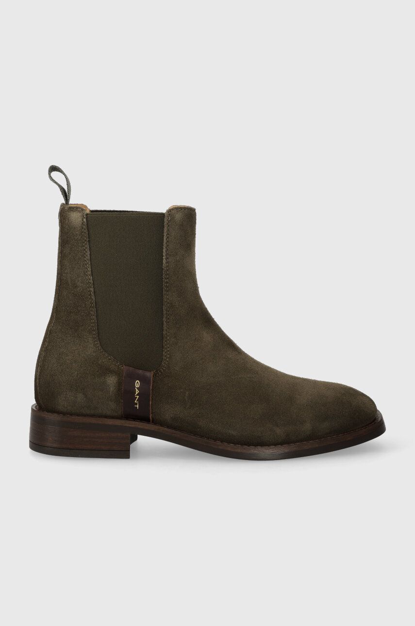 Gant Botine Din Piele Intoarsa Fayy Femei, Culoarea Verde, Cu Toc Plat, 27553384.g710