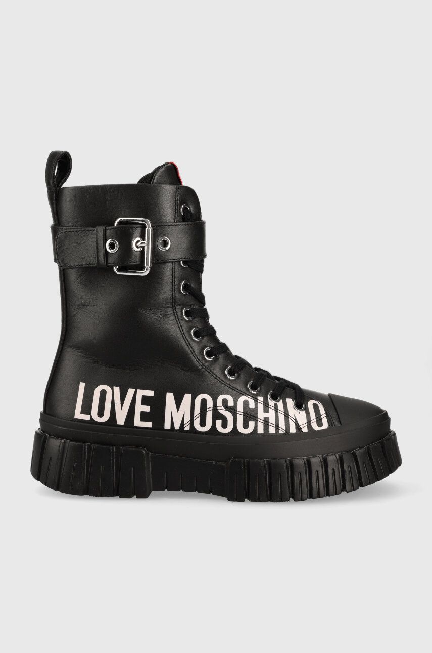 Love Moschino cizme de piele femei, culoarea negru, cu toc plat, JA15695G1HIA0000