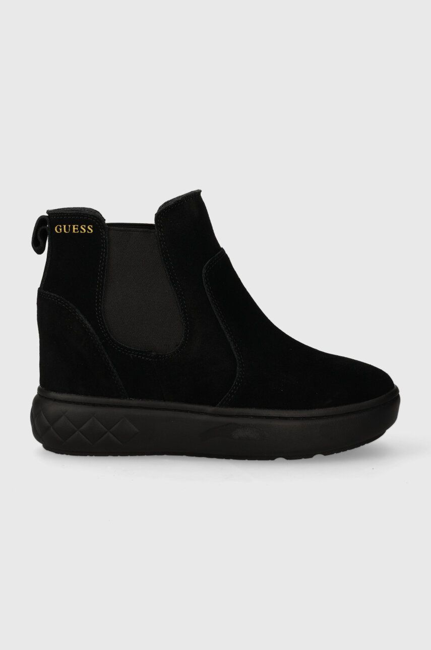 Semišové kotníkové boty Guess ROMINA dámské, černá barva, na klínku, FL8RMN SUE12 - černá - Svršek: 