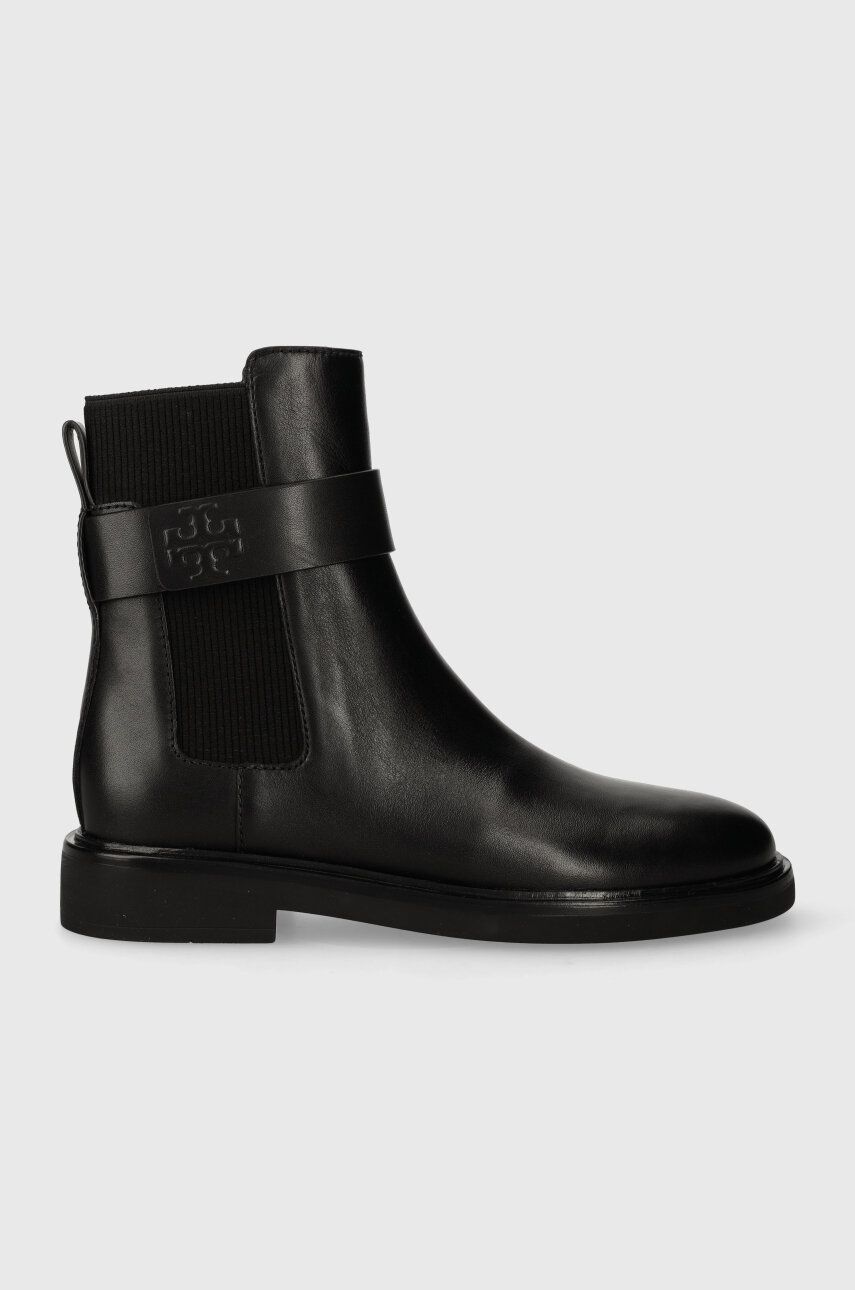 E-shop Kožené kotníkové boty Tory Burch DOUBLE T CHELSEA BOOT dámské, černá barva, na plochém podpatku, 152831-004