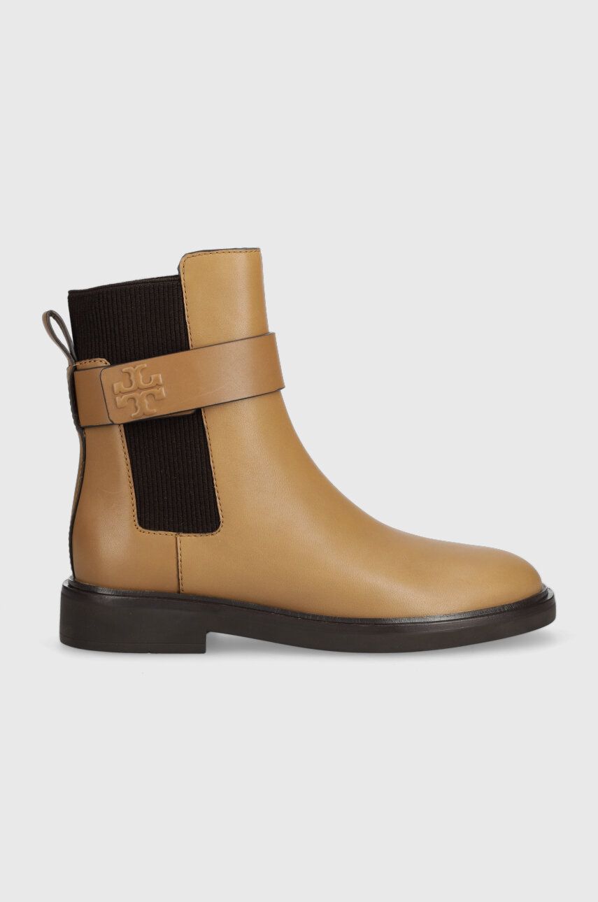 Levně Kožené kotníkové boty Tory Burch DOUBLE T CHELSEA BOOT dámské, hnědá barva, na plochém podpatku, 152831-200