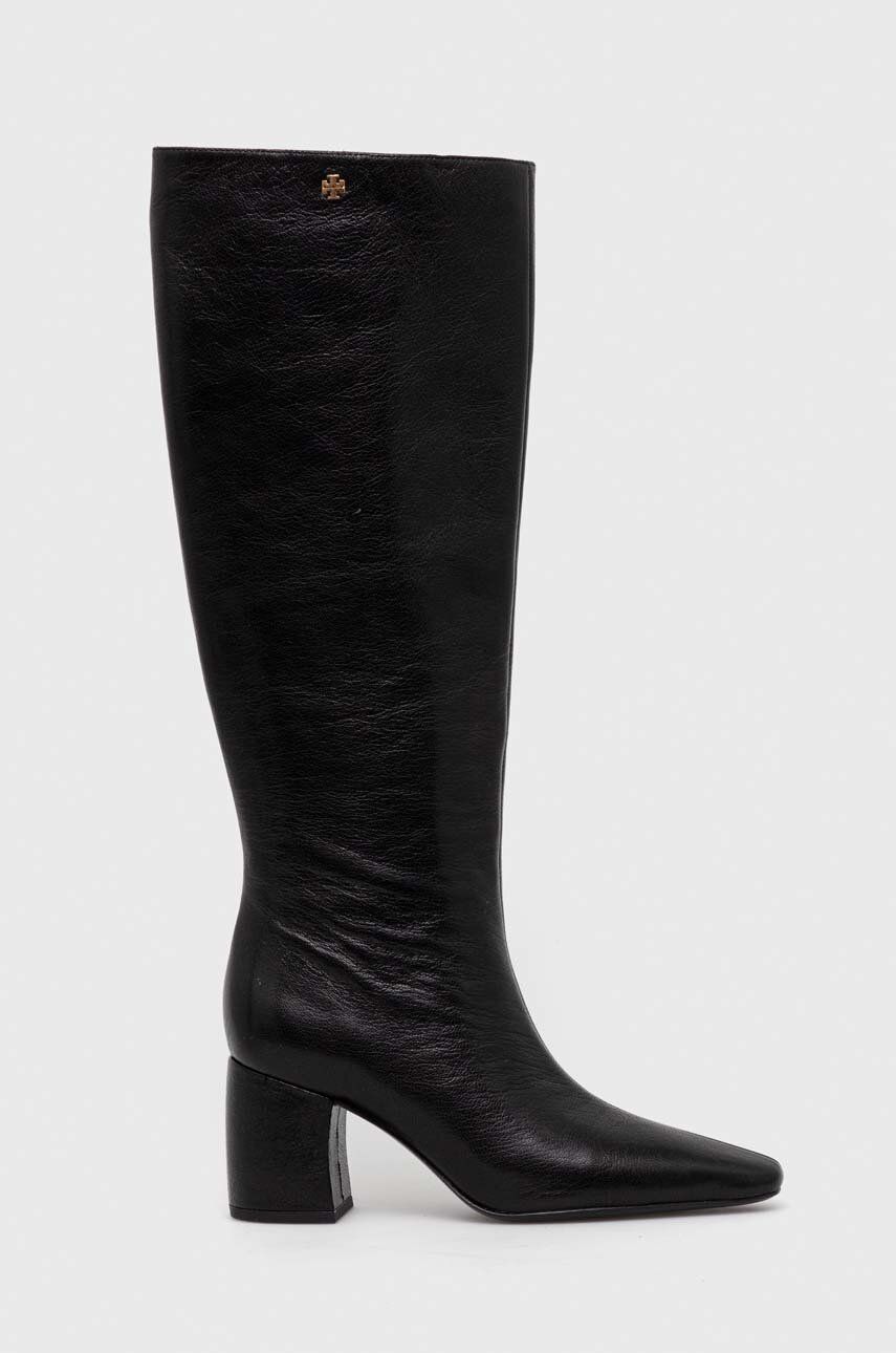 Levně Kožené kozačky Tory Burch BANANA TALL BOOT dámské, černá barva, na podpatku, 154529-006