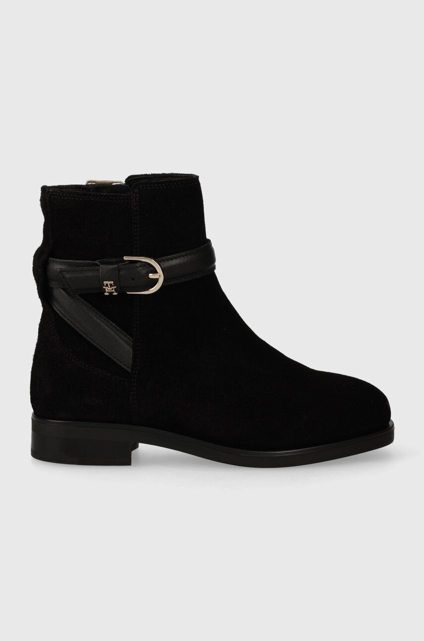 Semišové boty Tommy Hilfiger ELEVATED ESSENT BOOT THERMO SDE dámské, černá barva, na plochém podpatk