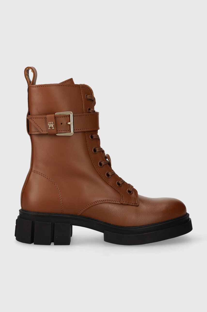 Kožené workery Tommy Hilfiger COOL FEMININE BIKERBOOT dámské, hnědá barva, na plochém podpatku, FW0F