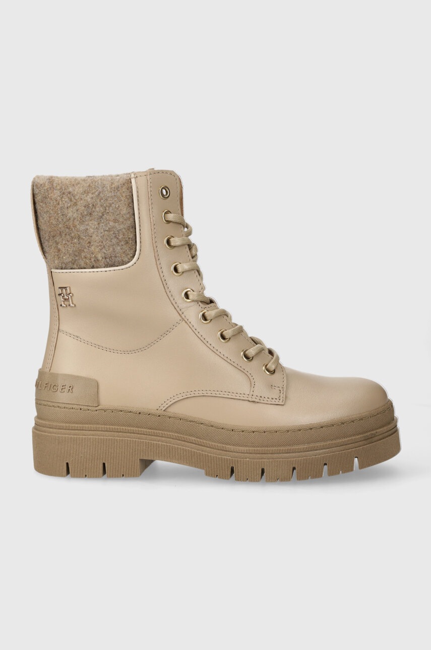 

Кожаные полусапожки Tommy Hilfiger FEMININE FELT LACE UP BOOTIE женские цвет бежевый на плоском ходу с утеплением FW0FW07500