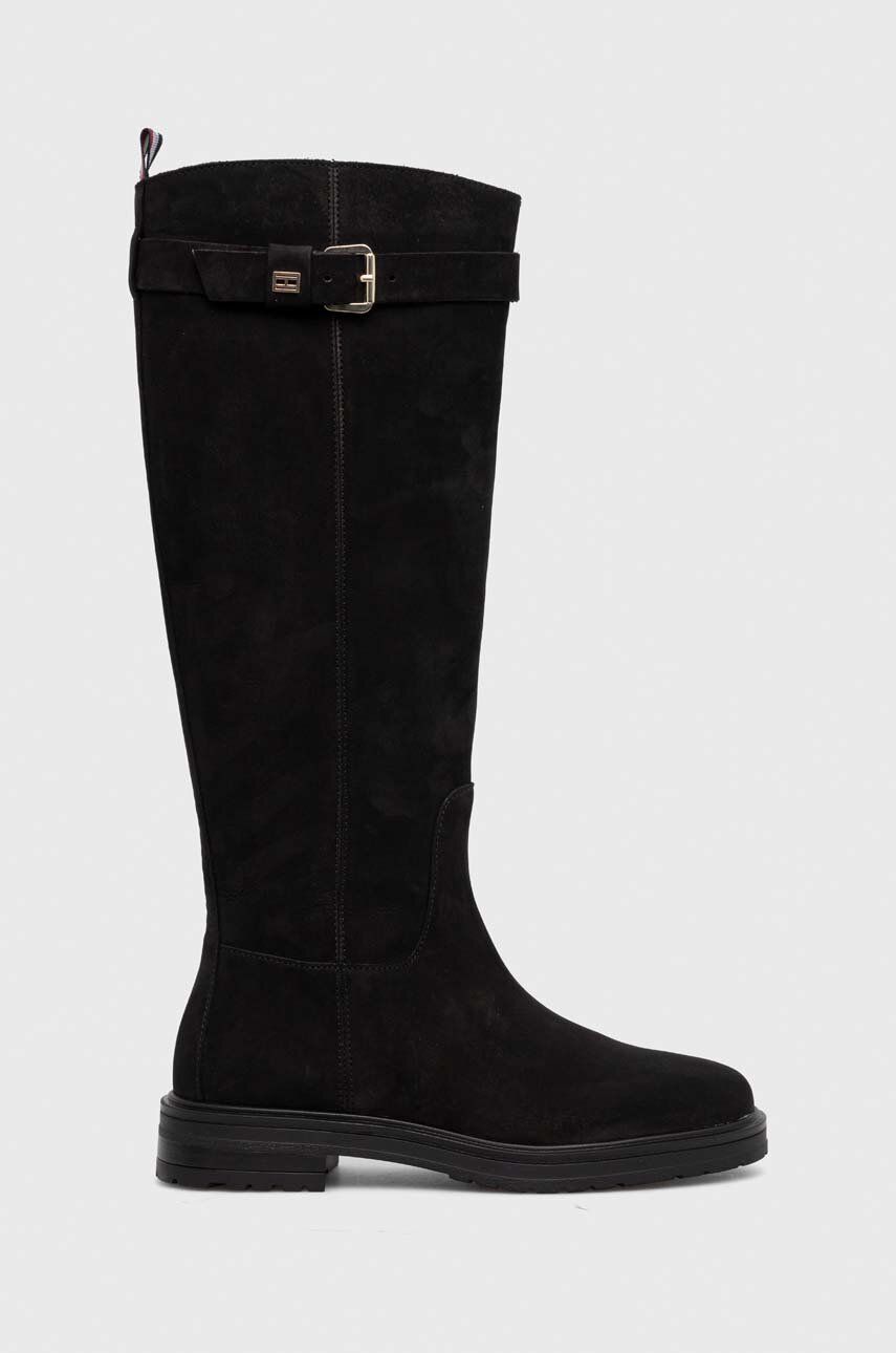 Semišové boty Tommy Hilfiger ESSENTIAL NUBUCK BELT LONGBOOT dámské, černá barva, na plochém podpatku, FW0FW07656