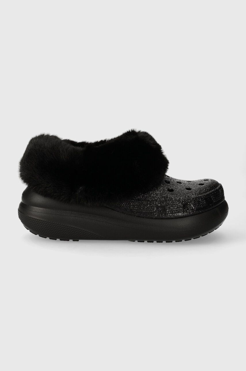 Crocs papuci Furever Crush Crystal Glitter culoarea negru, 208974