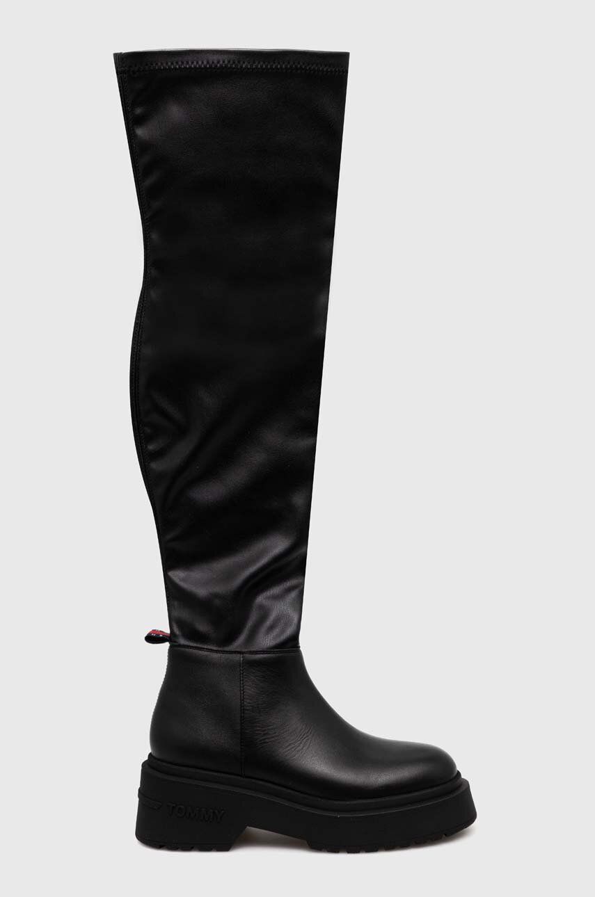 Kozačky Tommy Jeans TJW OVER THE KNEE BOOTS dámské, černá barva, na platformě, EN0EN02254 - černá - 