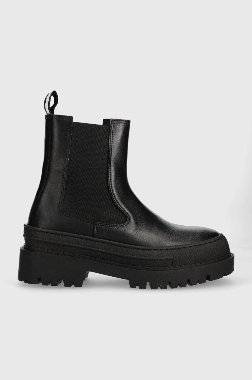 Tommy Jeans ghete chelsea de piele TJW CHELSEA FOXING BOOT femei, culoarea negru, cu platforma, EN0EN02289