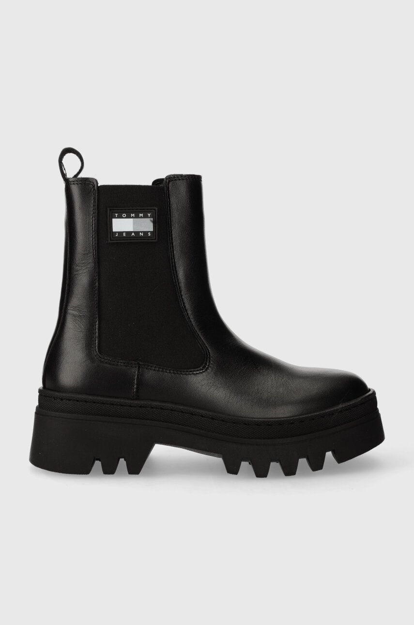E-shop Kožené kotníkové boty Tommy Jeans TJW FASHION CHELSEA dámské, černá barva, na platformě, EN0EN02295