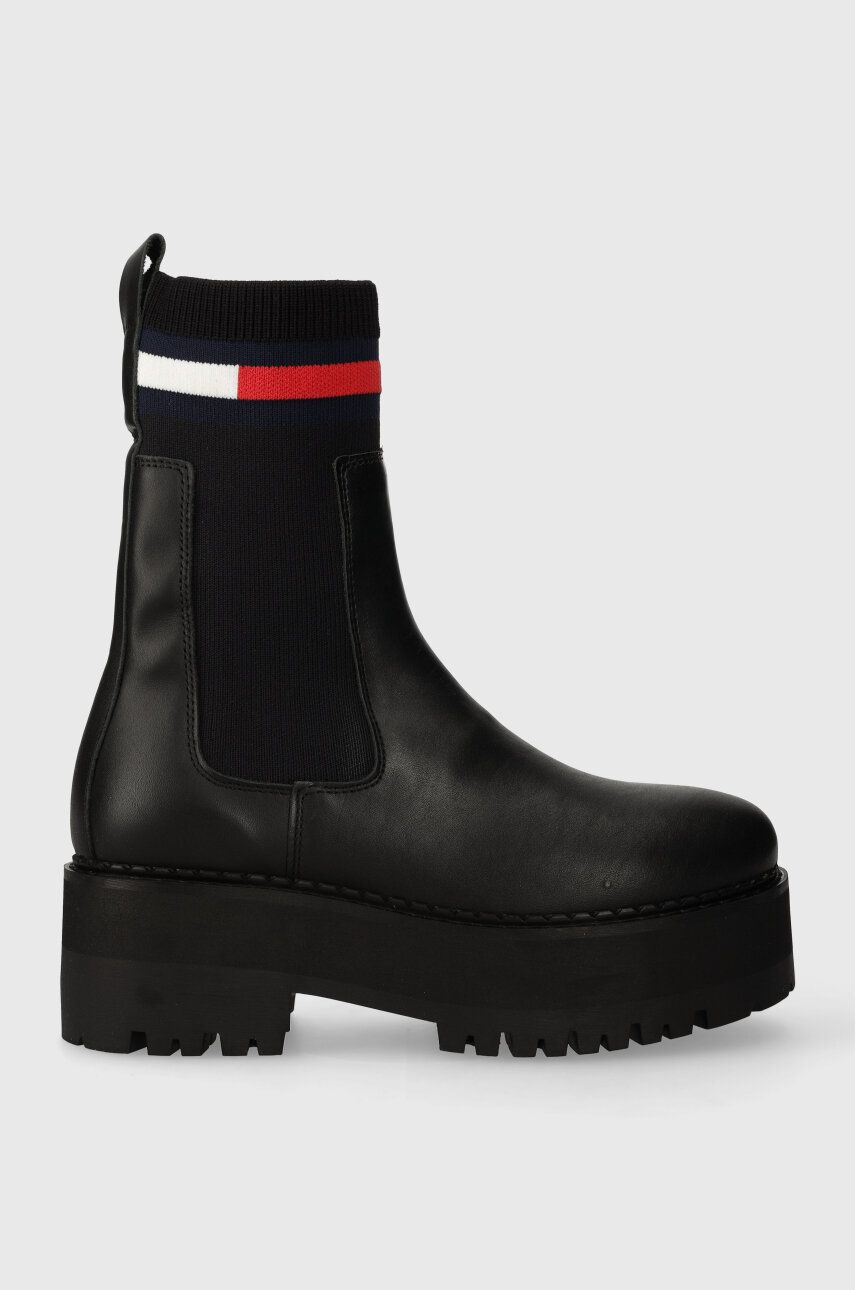 Tommy Jeans Ghete Chelsea De Piele Tjw Flatform Chelsea Sock Femei, Culoarea Negru, Cu Toc Plat, En0en02301