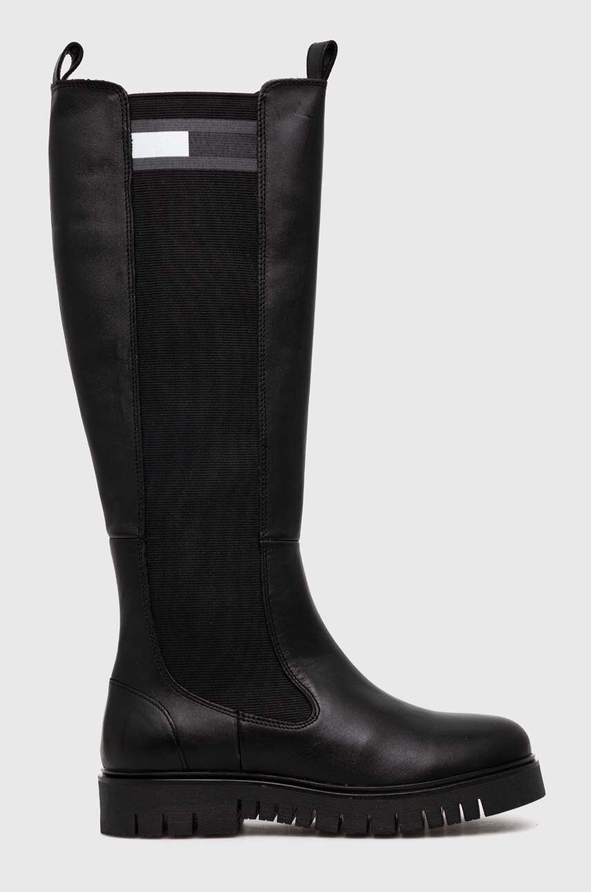 Kozačky Tommy Jeans TJW HIGH SHAFT BOOT dámské, černá barva, na plochém podpatku, EN0EN02316
