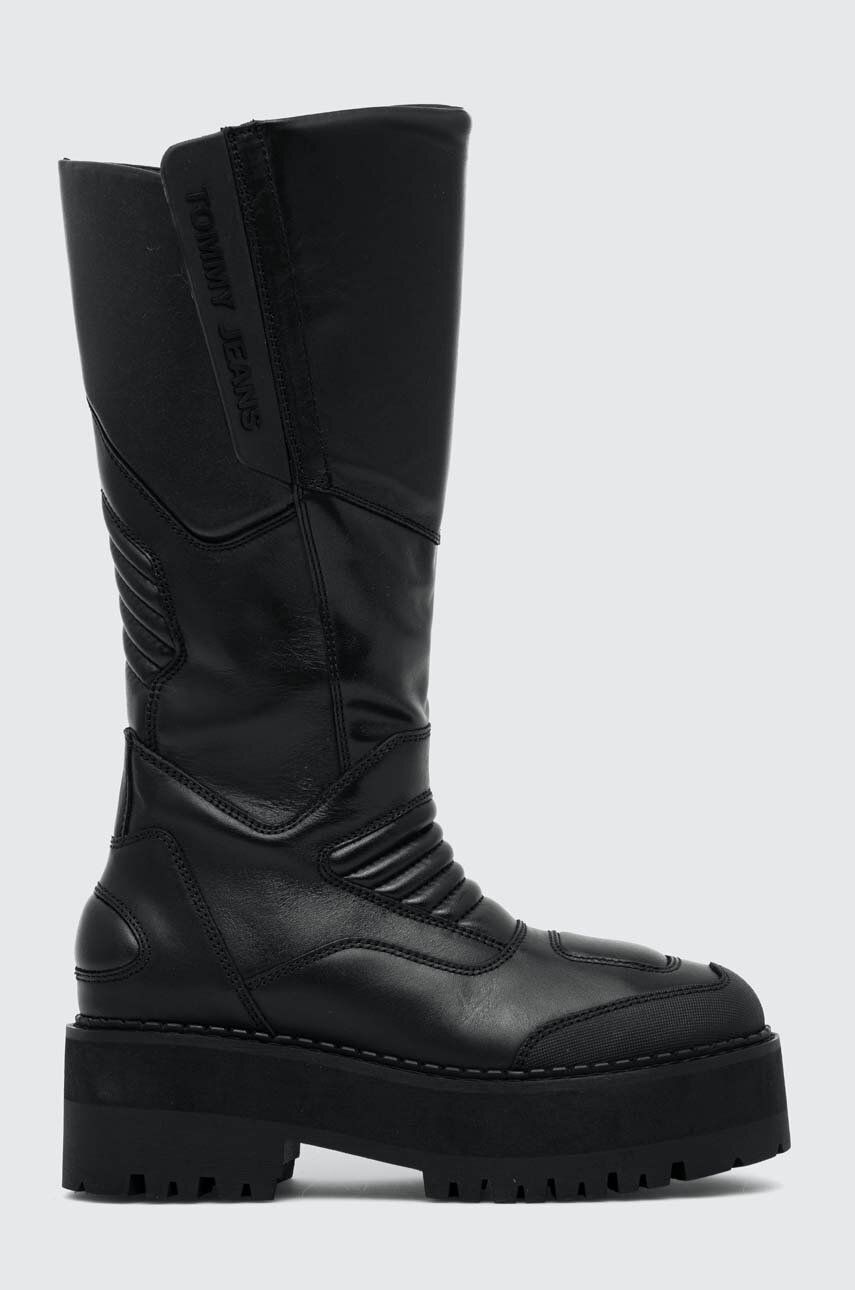 Kozačky Tommy Jeans TJW LONG SHAFT BIKER BOOT dámské, černá barva, na plochém podpatku, lehce zatepl