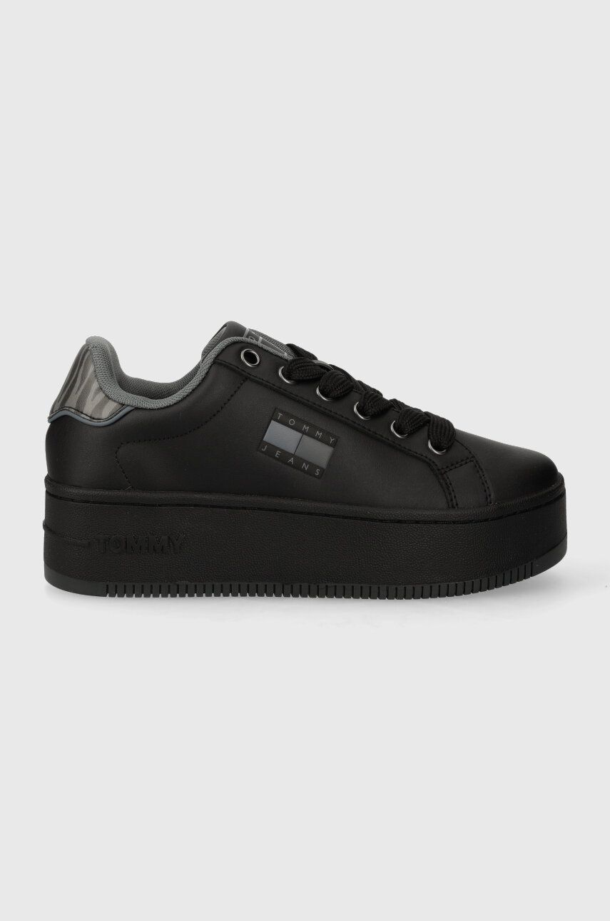 Tommy Jeans sneakers din piele TJW FLATFORM ANIMAL PRINT culoarea negru, EN0EN02537