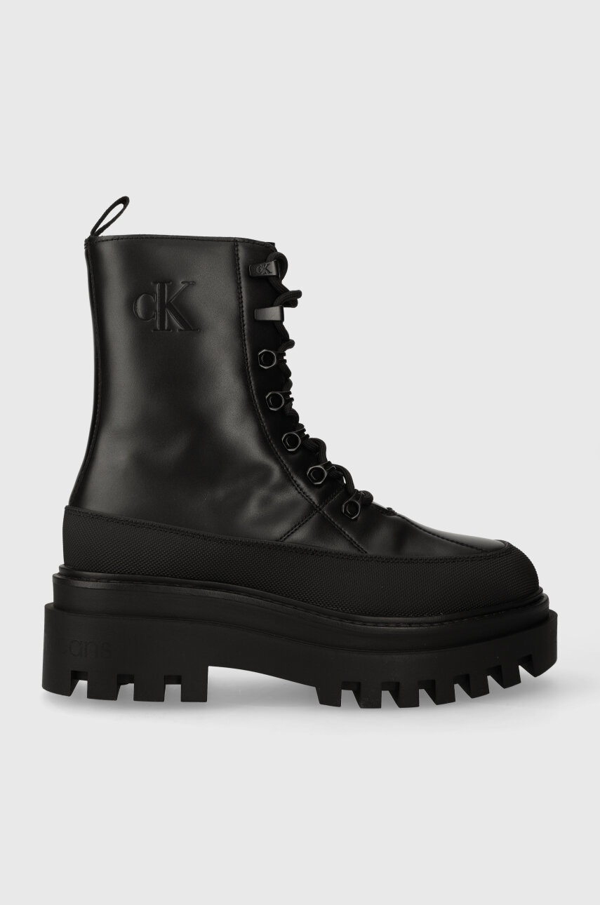 

Кожени кубинки Calvin Klein Jeans FLATFORM LACE UP BOOT LTH в черно с платформа YW0YW01110, Черен