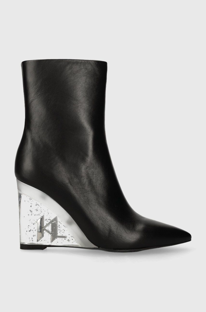 Kožené kotníkové boty Karl Lagerfeld ICE WEDGE dámské, černá barva, na klínku, KL34650 - černá - Svr