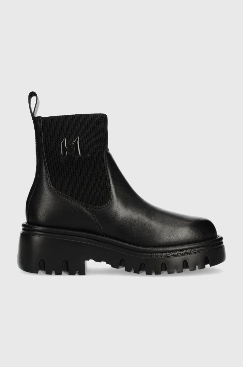 Levně Kožené kotníkové boty Karl Lagerfeld KOMBAT KC dámské, černá barva, na plochém podpatku, KL45340
