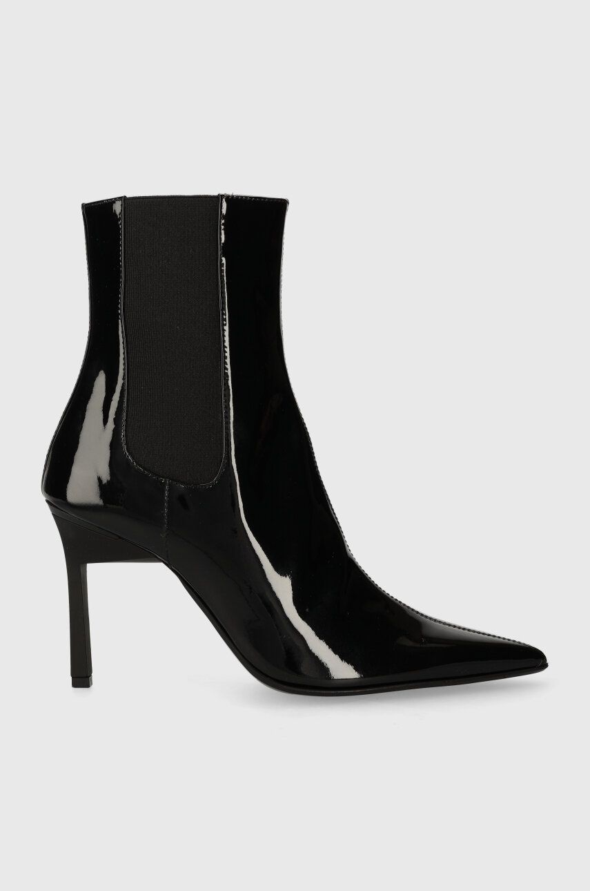 Levně Kožené kotníkové boty Calvin Klein GEO STILETTO CHELSEA BOOT 90-PAT dámské, černá barva, na podpatku, HW0HW01809