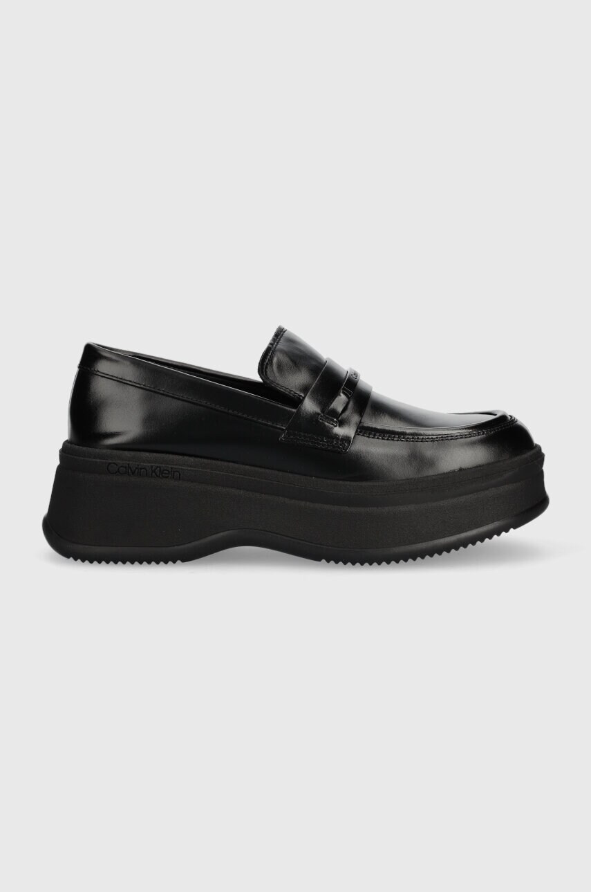 Levně Kožené mokasíny Calvin Klein PITCHED LOAFER W/HW dámské, černá barva, na platformě, HW0HW01817