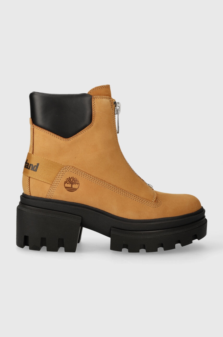 Levně Kožené kotníkové boty Timberland Everleigh Boot Front Zip dámské, hnědá barva, na platformě, lehce zateplené, TB0A5YHM2311