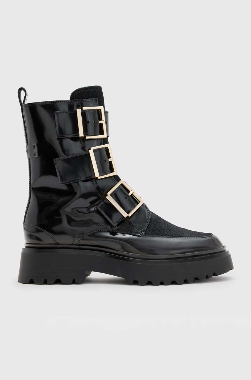 E-shop Kožené kotníkové boty AllSaints Lynx Pony Boot dámské, černá barva, na plochém podpatku, WF546Z