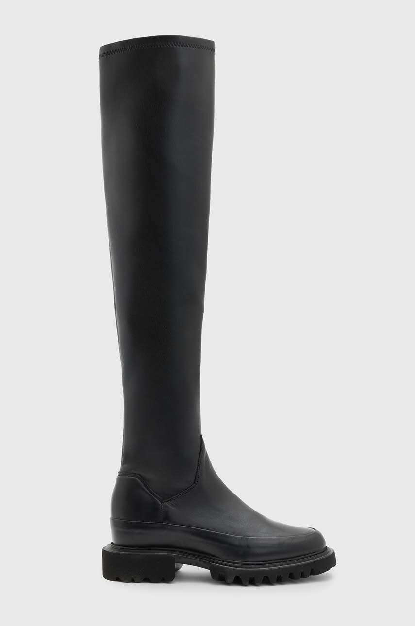 Levně Kožené kozačky AllSaints Leona Boot dámské, černá barva, na plochém podpatku, WF587Z