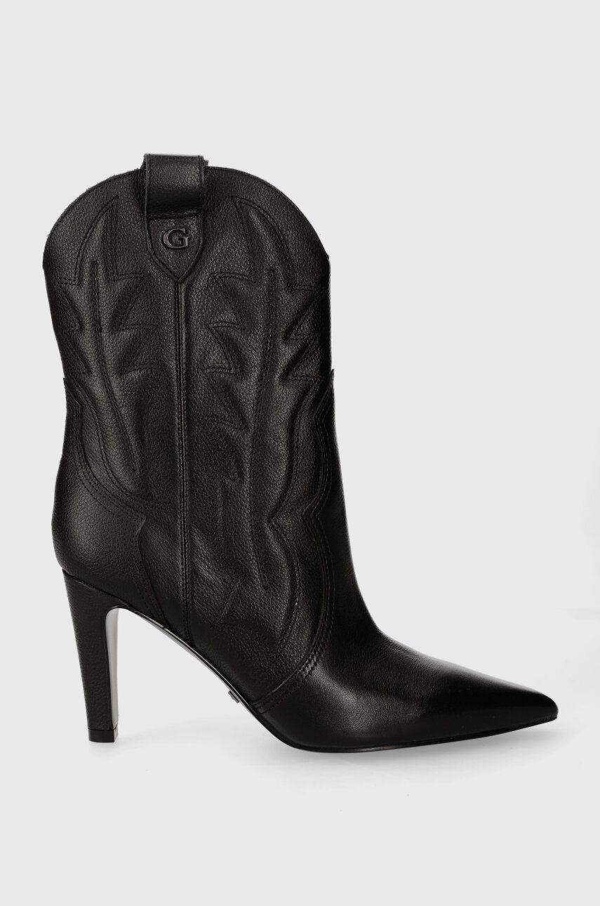 Kožené kovbojské topánky Guess CALLE dámske, čierna farba, na vysokom podpätku, FL8CZA LEA10