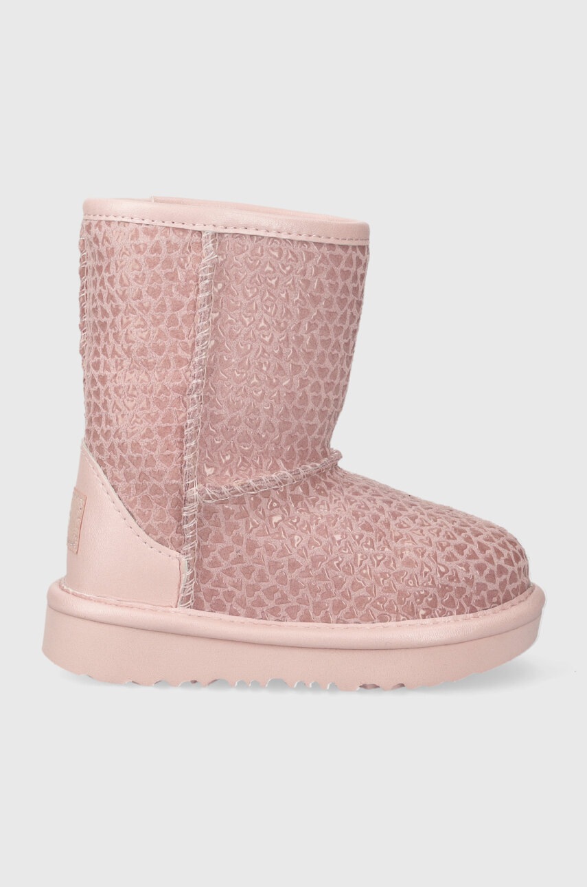 E-shop Dětské kožené sněhule UGG T CLASSIC IIEL HEARTS růžová barva