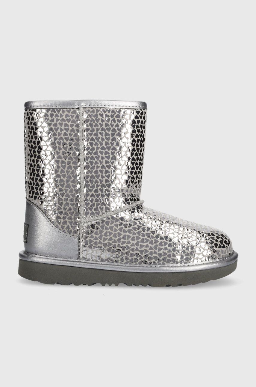 Детские кожаные сапоги UGG KIDS CLASSIC II GEL HEARTS цвет серебрянный Детские кожаные сапоги UGG KIDS CLASSIC II GEL HEARTS цвет серебрянный