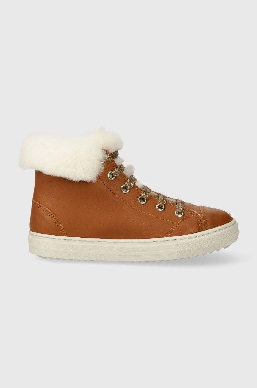 Dětské kožené zimní boty Pom D′api SWAG ZIP FUR hnědá barva - hnědá - Svršek: Přírodní kůže Vni