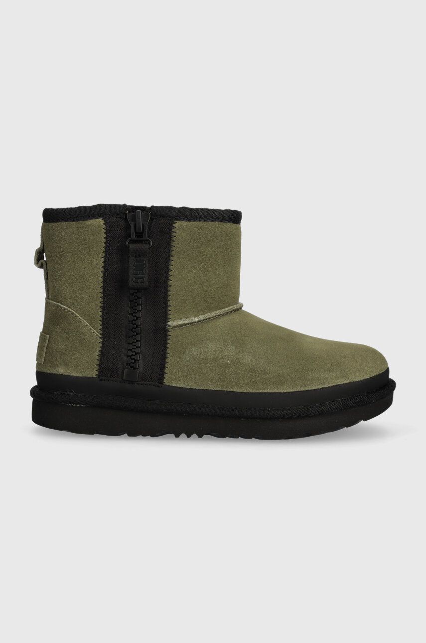 Levně Dětské semišové sněhule UGG KIDS CLASSIC MINI ZIPPER TAPE L zelená barva