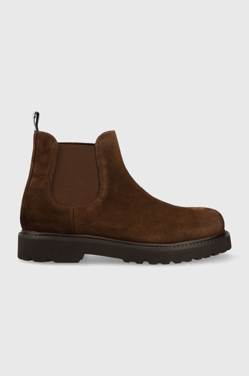 Levně Semišové kotníkové boty Tommy Jeans TJM CHELSEA HIGH BOOT pánské, hnědá barva, EM0EM01205