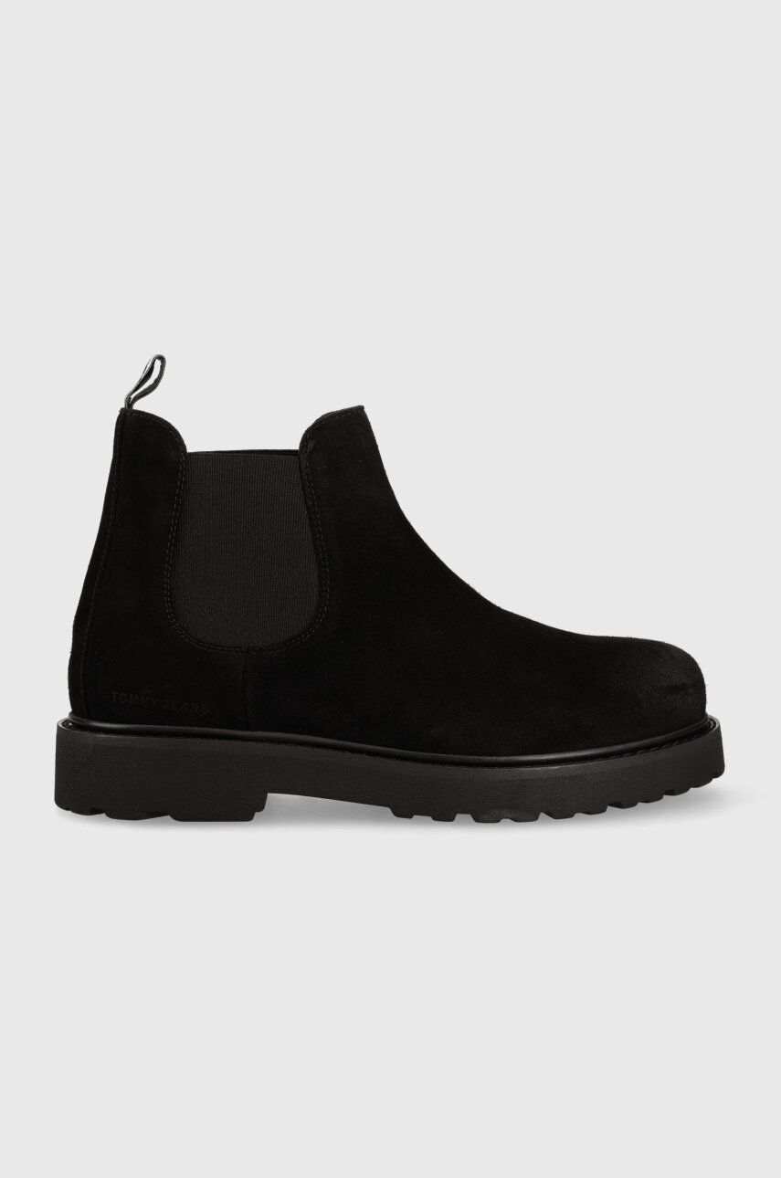 Levně Semišové kotníkové boty Tommy Jeans TJM CHELSEA HIGH BOOT pánské, černá barva, EM0EM01205