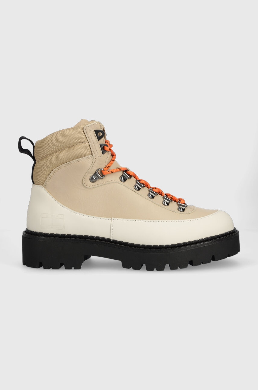 Levně Kožené boty Tommy Jeans TJM BOOT HIKER pánské, béžová barva, EM0EM01252