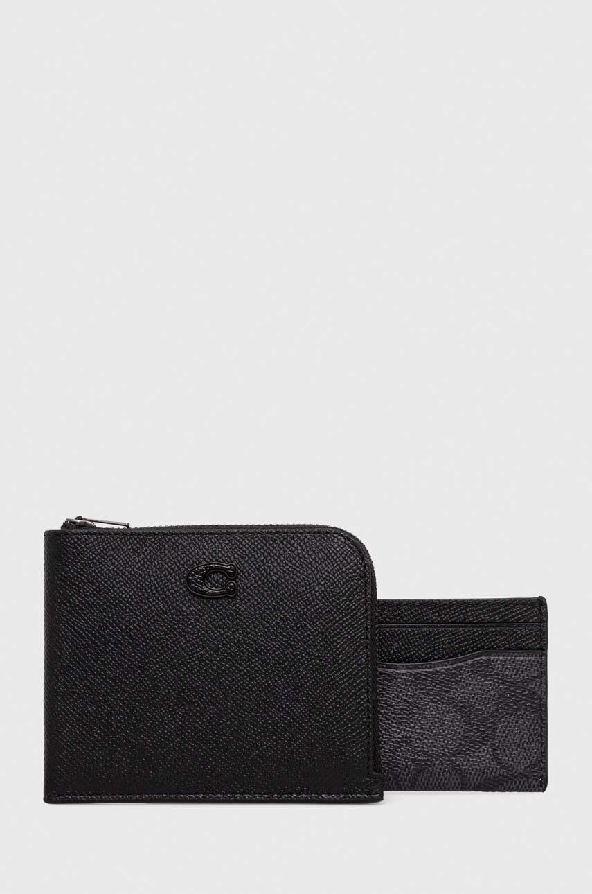 Levně Kožená peněženka a držák na karty Coach černá barva