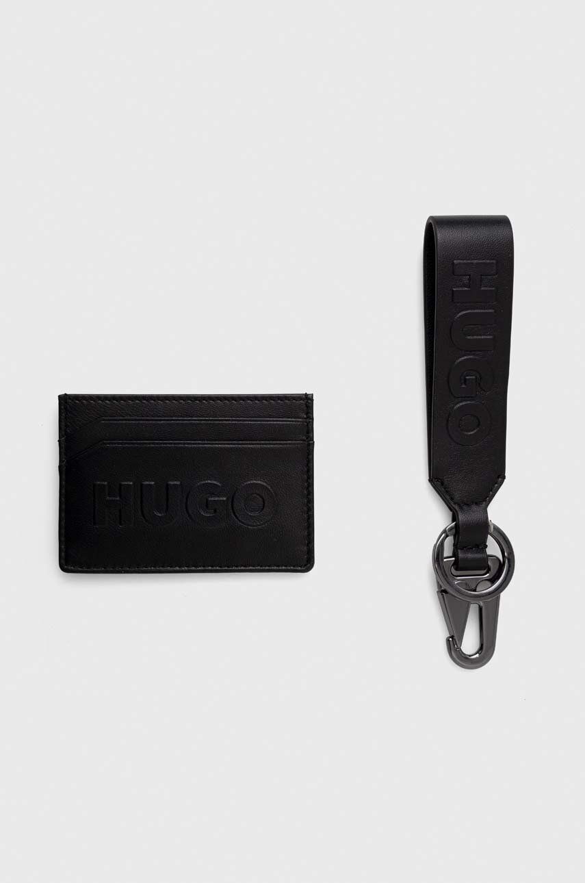 Kožený držák na karty a klíčenka HUGO černá barva