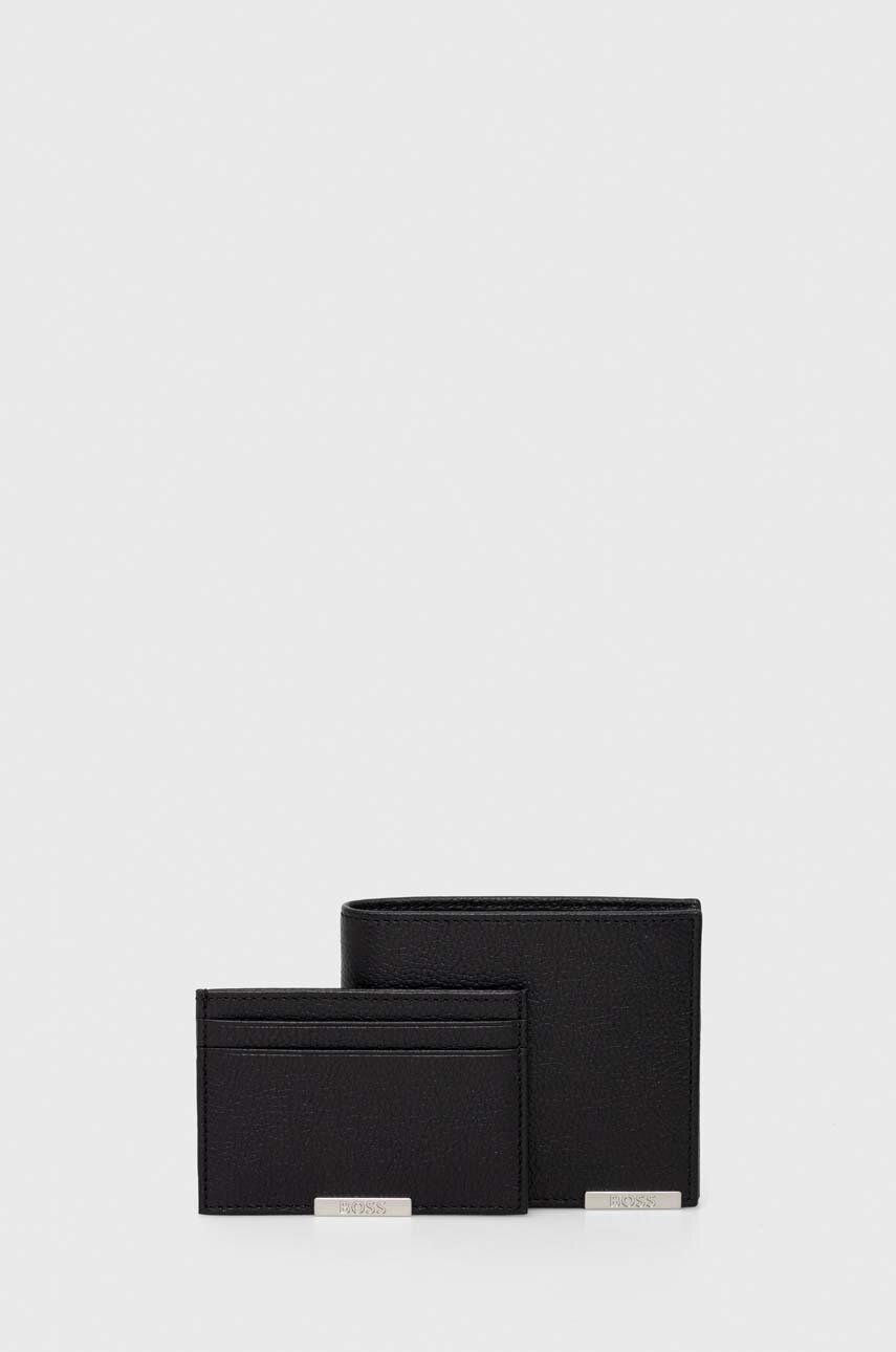 BOSS portofel din piele si suport pentru card culoarea negru