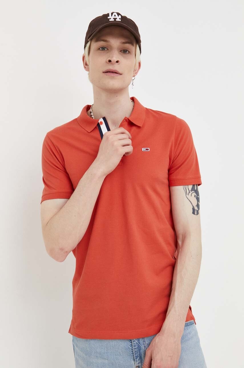 Tommy Jeans polo de bumbac culoarea portocaliu, neted