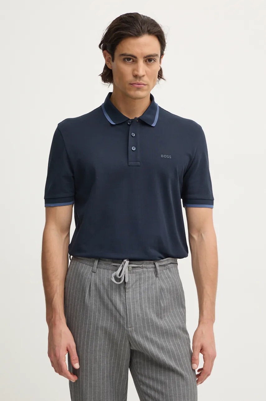 BOSS polo de bumbac culoarea albastru marin, neted, 50494697