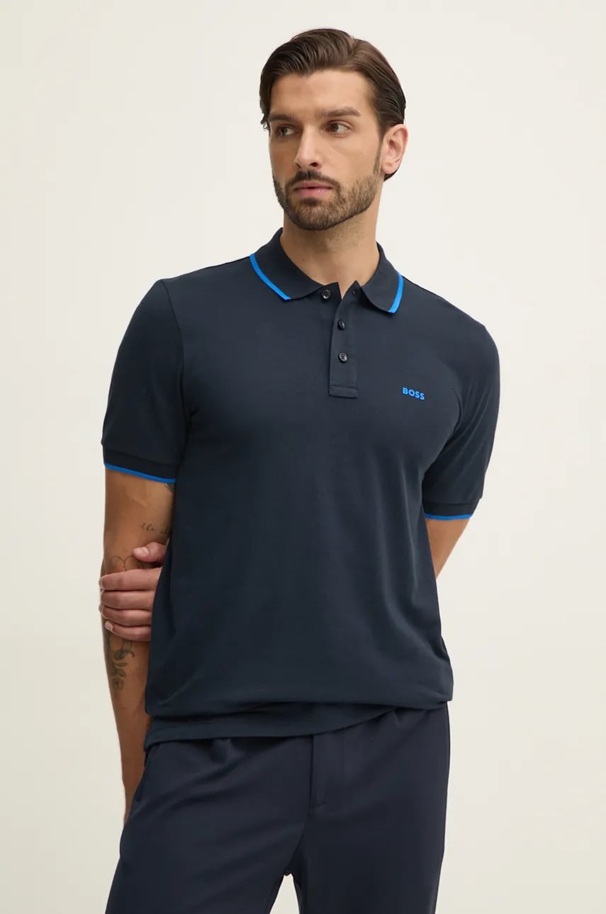 BOSS polo de bumbac culoarea albastru marin, neted, 50494697