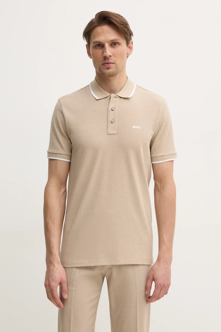 BOSS polo de bumbac culoarea bej, neted, 50494697 BOSS polo de bumbac culoarea bej, neted, 50494697
