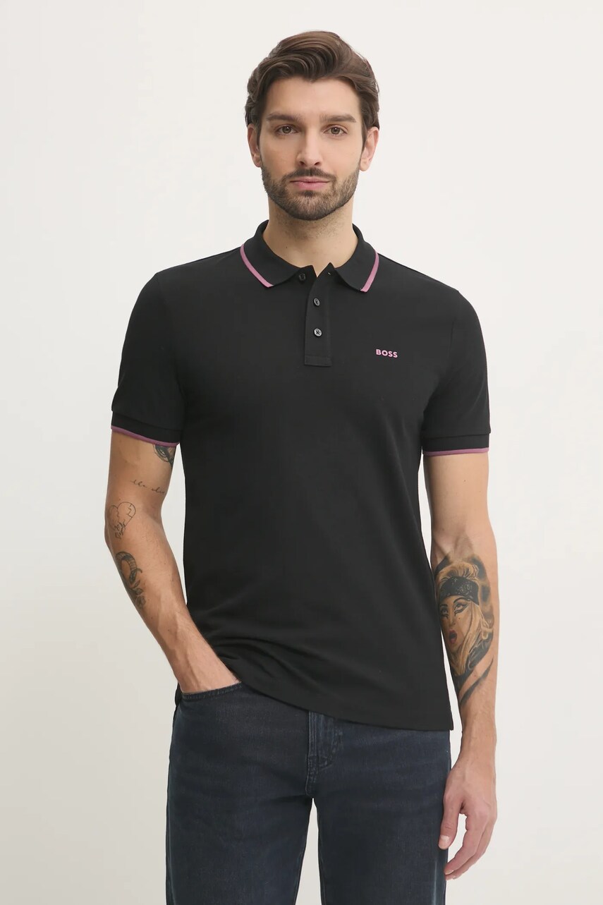 BOSS polo de bumbac culoarea negru, neted, 50494697