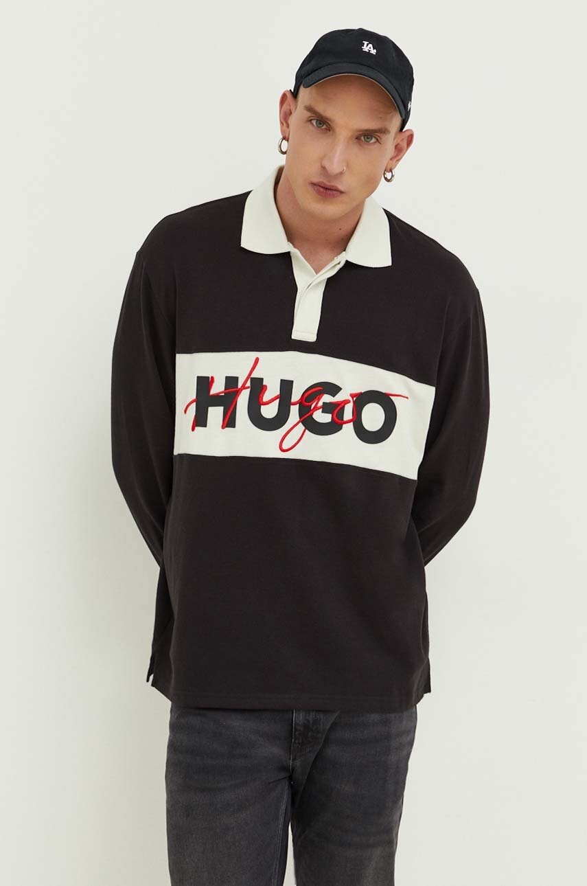 

Памучна блуза с дълги ръкави HUGO в черно с десен, Черен