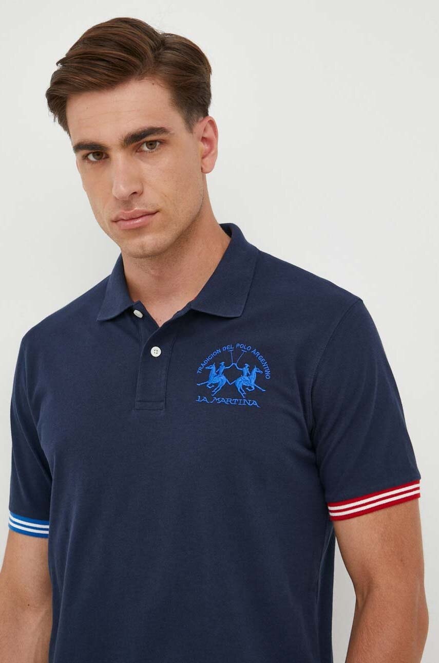 La Martina Tricou Polo Barbati, Culoarea Albastru Marin, Cu Imprimeu