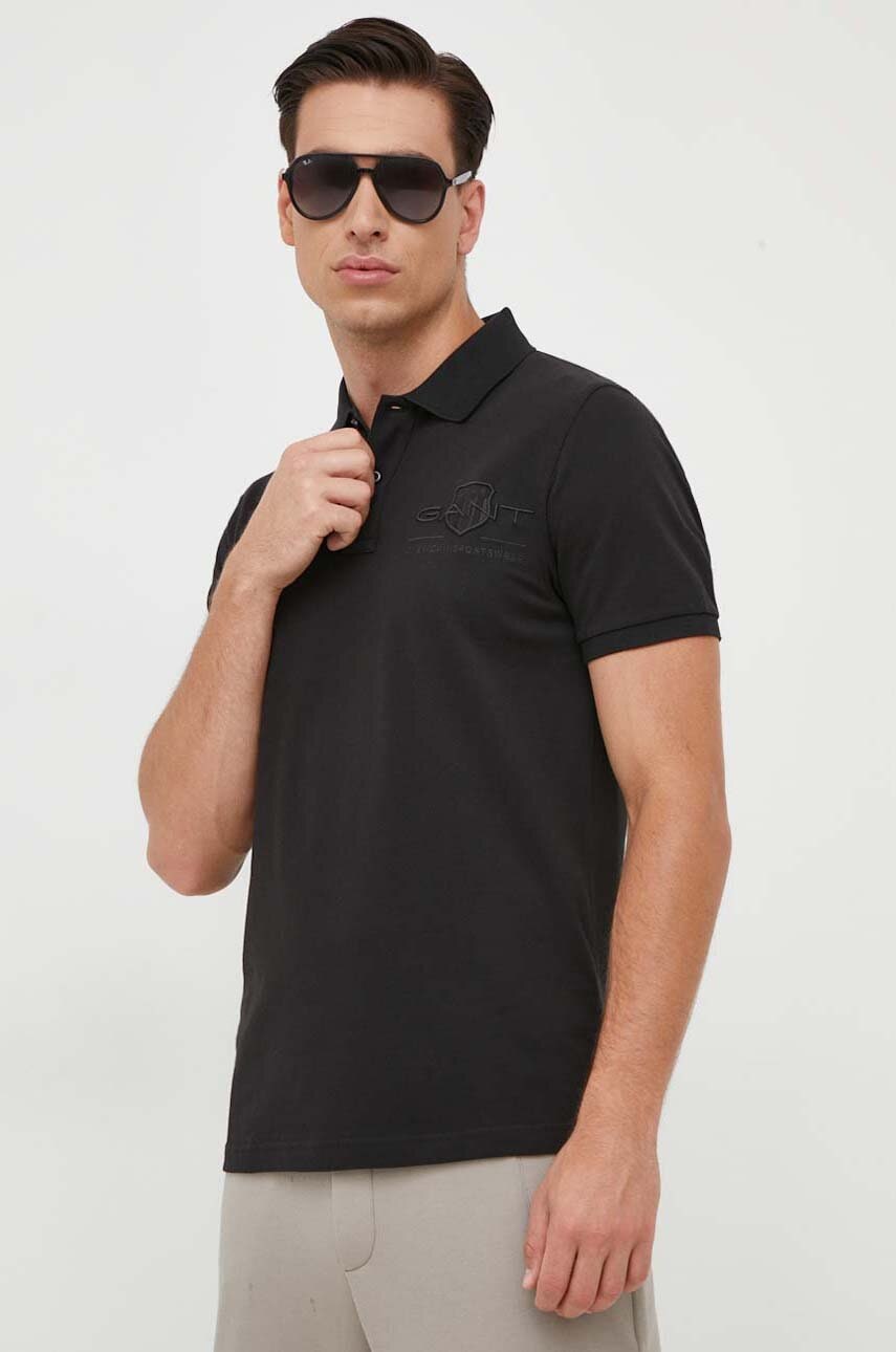 Gant Polo De Bumbac Culoarea Negru, Cu Imprimeu